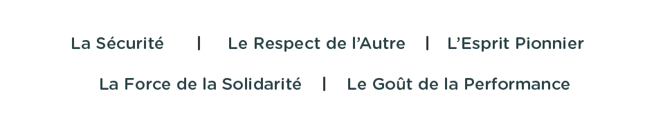 La sécurité, Le respect de l'autre, l'esprit pionnier, la force de la solidarité, le goût de la performance